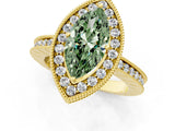 Yellow gold Fancy Green Marquise Cut Diamond Milgrain Halo Engagement Ring with Round Pavé Band and Prong Setting_13