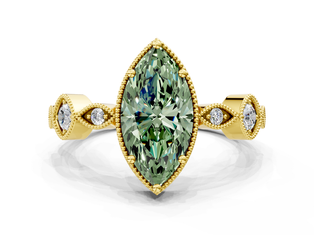 Yellow gold Fancy Green Marquise  Cut Diamond Milgrain Marquise Band with Prong Setting_3