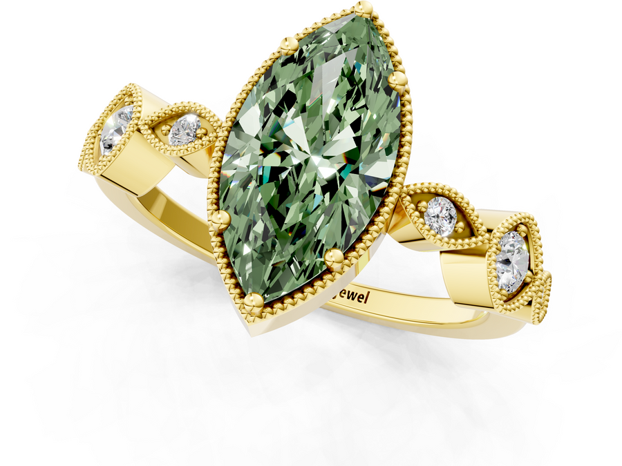 Yellow gold Fancy Green Marquise  Cut Diamond Milgrain Marquise Band with Prong Setting