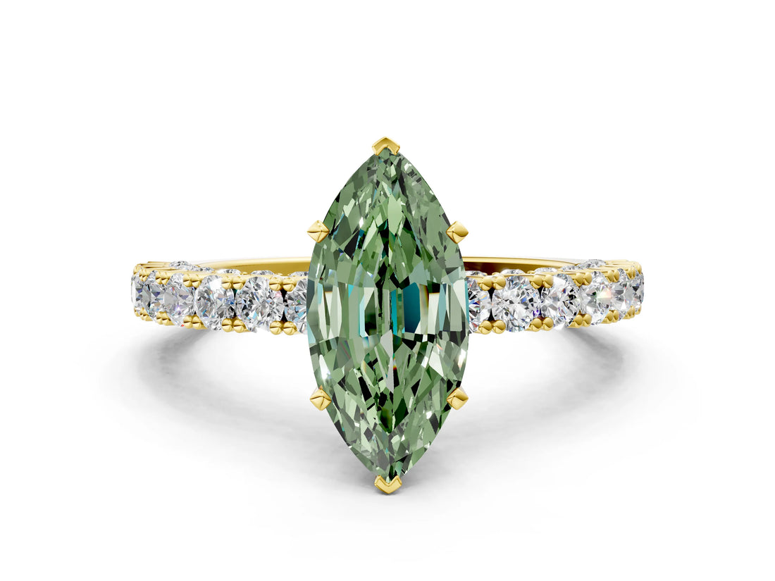 Yellow gold Fancy Green Marquise Cut Diamond Pavé Band Solitaire Ring with Prong Setting_45