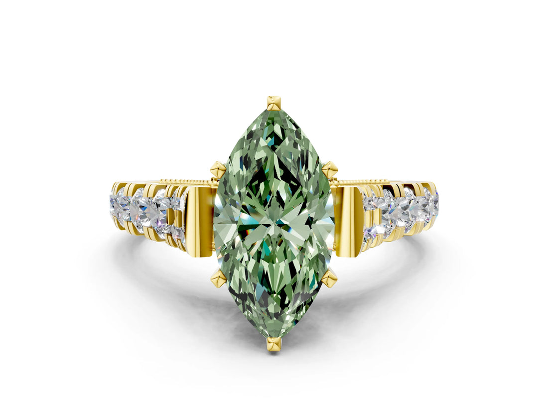 Yellow gold Fancy Green Marquise  Cut Diamond Pavé Band Solitaire with Four-Prong Setting_18