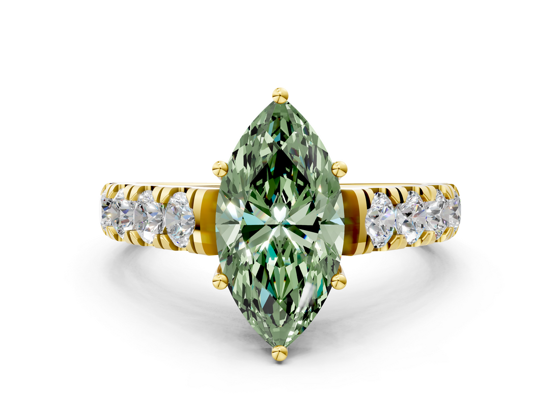 Yellow gold Fancy Green Marquise  Cut Diamond Pavé Band Solitaire with Four-Prong Setting_3