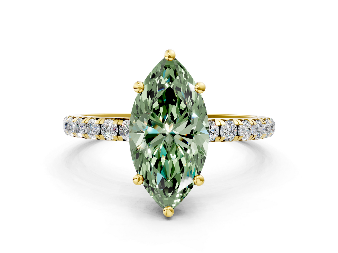 Yellow gold Fancy Green Marquise  Cut Diamond Pavé Band Solitaire with Four-Prong Setting_3