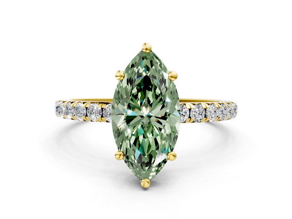 Yellow gold Fancy Green Marquise  Cut Diamond Solitaire Ring with Micro Pave Band and Four Prong Setting