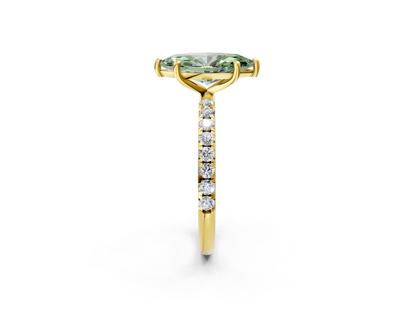 Yellow gold Fancy Green Marquise  Cut Diamond Solitaire Ring with Micro Pave Band and Four Prong Setting