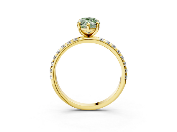 Yellow gold Fancy Green Marquise  Cut Diamond Solitaire Ring with Micro Pave Band and Four Prong Setting