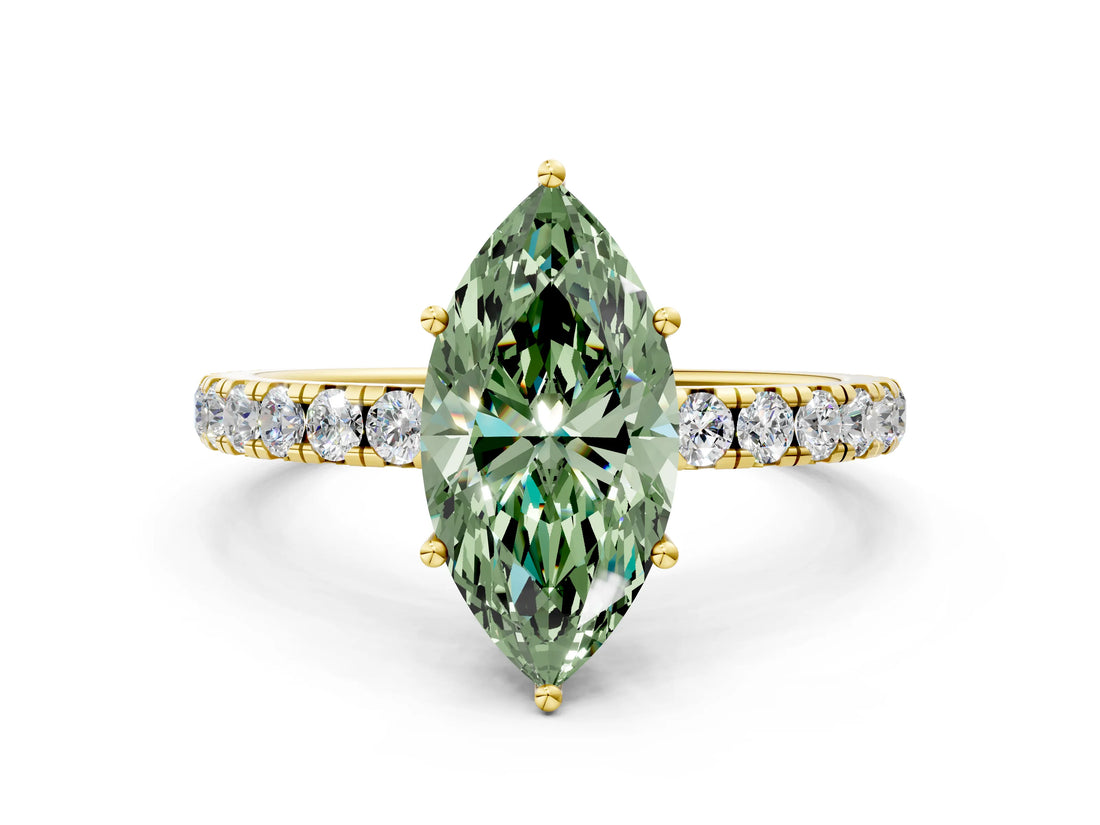 Yellow gold Fancy Green Marquise Cut Diamond Pavé Solitaire Engagement Ring with Four-Prong Setting_89