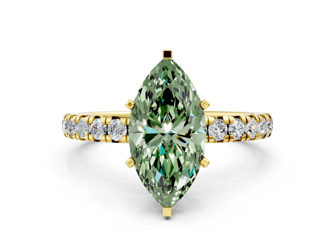 Yellow gold Fancy Green Marquise Cut Diamond Pavé Solitaire Ring with Round Band and Prong Setting_12