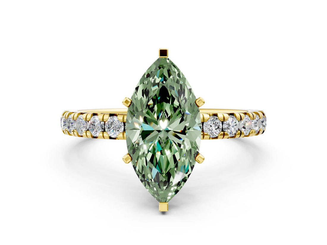 Yellow gold Fancy Green Marquise Cut Diamond Pavé Solitaire Ring with Round Band and Prong Setting_24