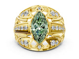 Yellow gold Fancy Green Marquise Cut Diamond Pave Art Deco Split Shank Ring with Four-Prong Setting