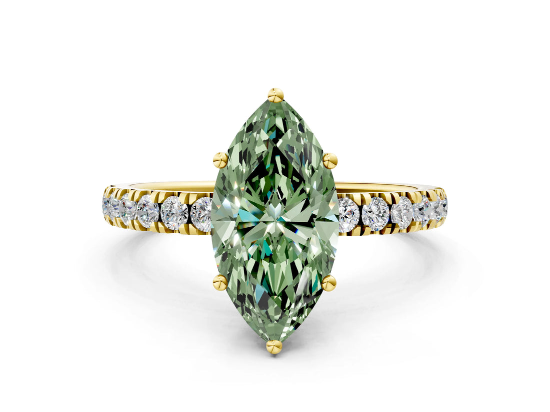 Yellow gold Fancy Green Marquise Cut Diamond Pave Band Solitaire Ring with Four-Prong Setting_58