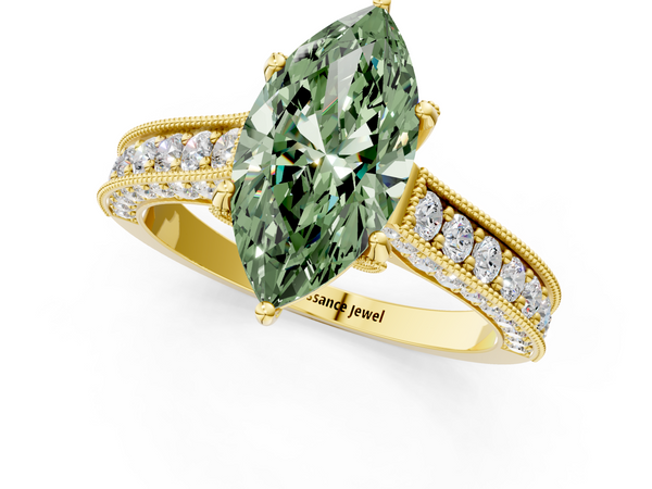Yellow gold Fancy Green Marquise  Cut Diamond Solitaire Ring with Milgrain Pave Band and Four Prong Setting