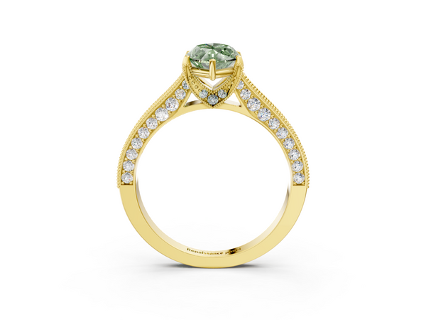 Yellow gold Fancy Green Marquise  Cut Diamond Solitaire Ring with Milgrain Pave Band and Four Prong Setting