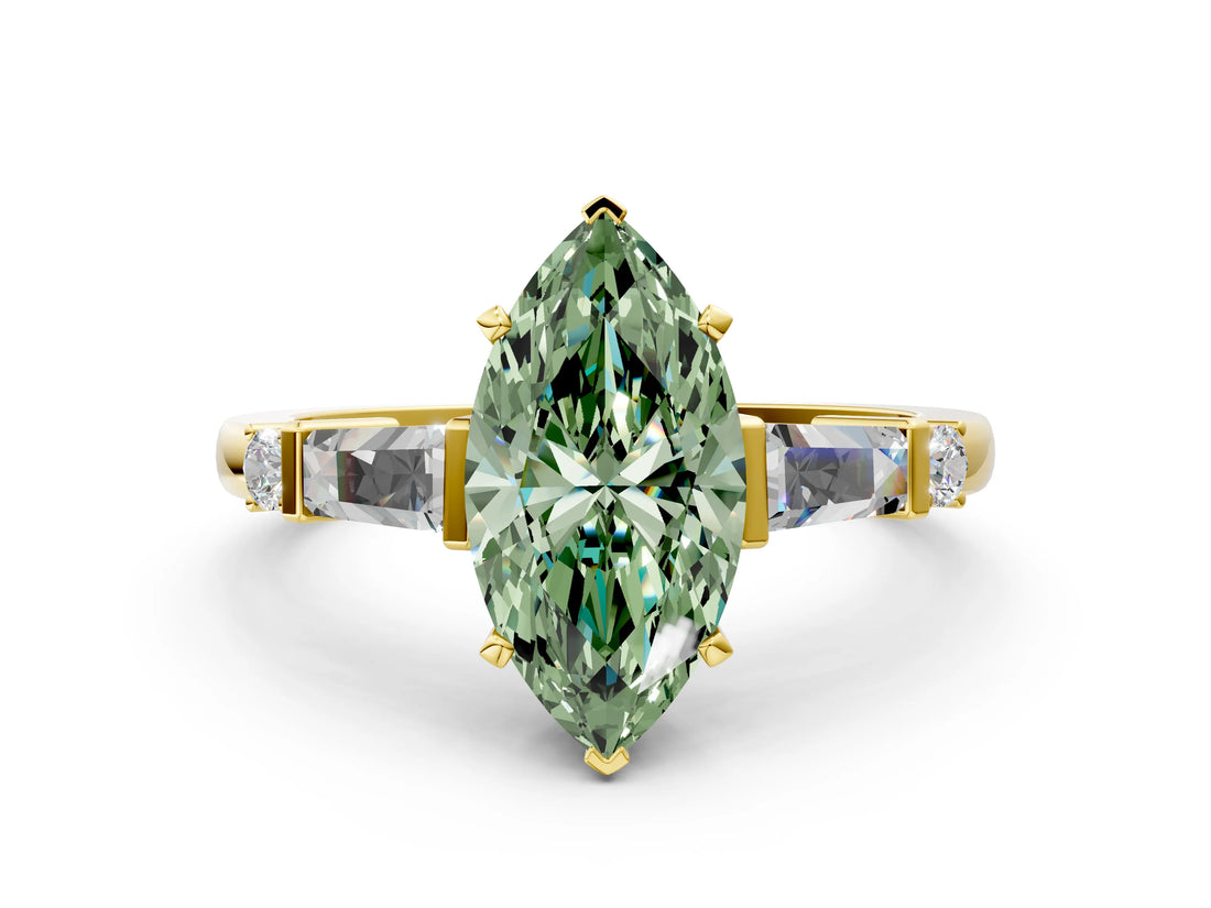 Yellow gold Fancy Green Marquise  Cut Diamond Ring with Baguette Side Stones, Channel Set Band, and Four-Prong Setting_24