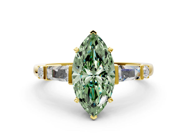 Yellow gold Fancy Green Marquise  Cut Diamond Ring with Baguette Side Stones, Channel Set Band, and Four-Prong Setting