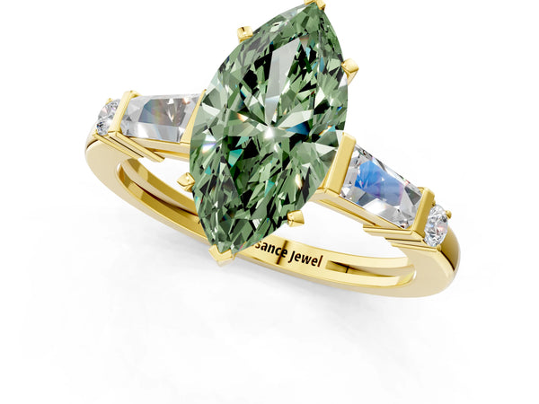 Yellow gold Fancy Green Marquise  Cut Diamond Ring with Baguette Side Stones, Channel Set Band, and Four-Prong Setting