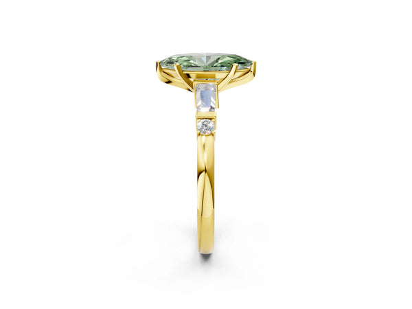 Yellow gold Fancy Green Marquise  Cut Diamond Ring with Baguette Side Stones, Channel Set Band, and Four-Prong Setting