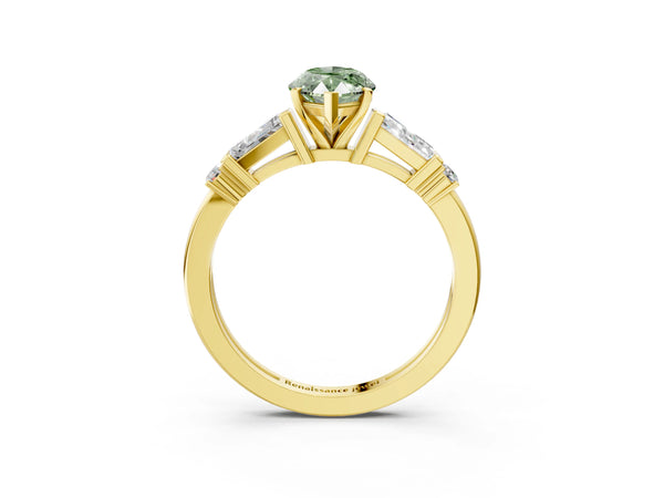 Yellow gold Fancy Green Marquise  Cut Diamond Ring with Baguette Side Stones, Channel Set Band, and Four-Prong Setting