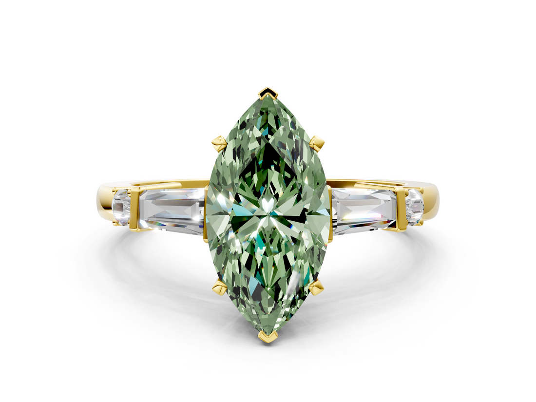 Yellow gold Fancy Green Marquise  Cut Diamond Ring with Baguette Side Stones, Channel Set Band, and Four-Prong Setting_38