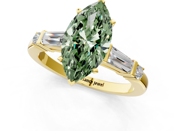 Yellow gold Fancy Green Marquise  Cut Diamond Ring with Baguette Side Stones, Channel Set Band, and Four-Prong Setting