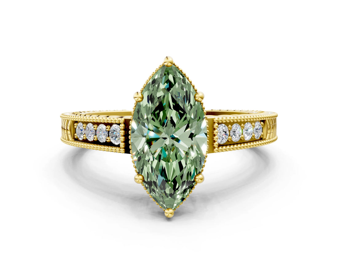 Yellow gold Fancy Green Marquise Cut Diamond Ring with Milgrain Pavé Band and Four-Prong Setting_20