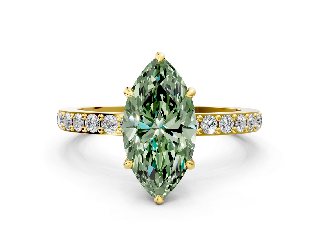 Yellow gold Fancy Green Marquise  Cut Diamond Ring with Pavé Band and Four-Prong Setting_53