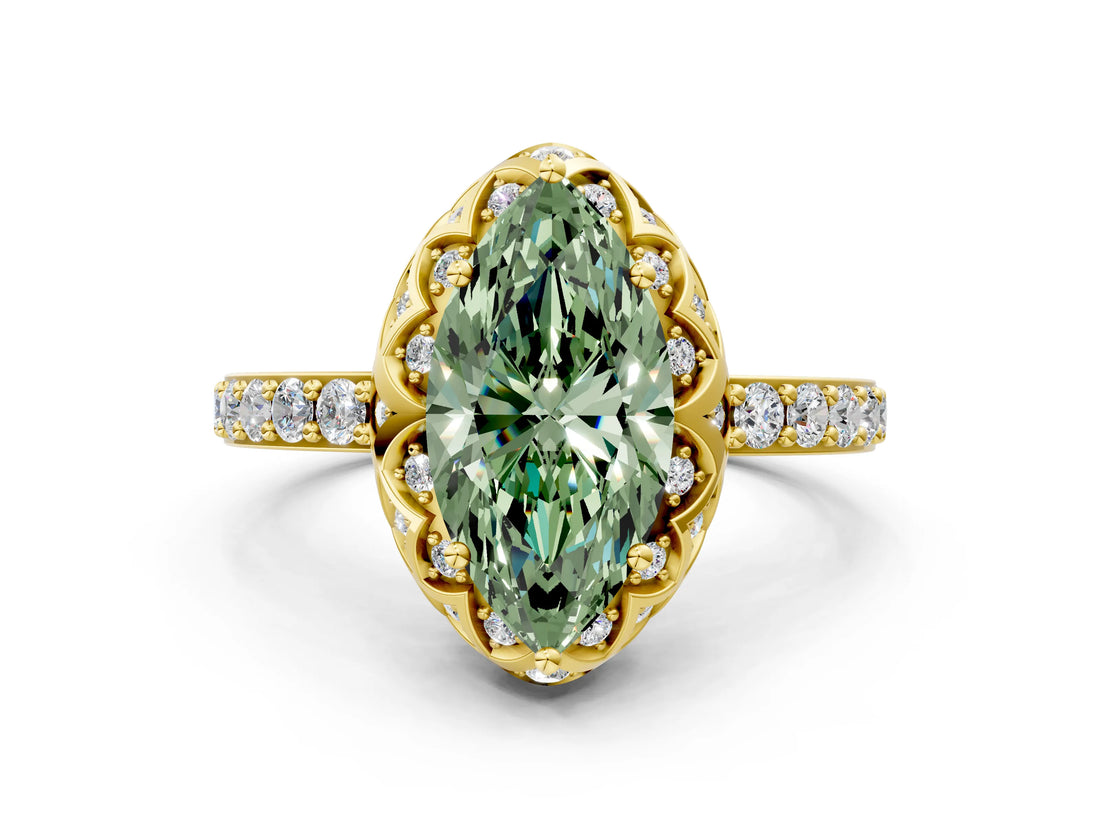 Yellow gold Fancy Green Marquise Cut Diamond Scalloped Halo Engagement Ring with Round Shared Prong Band_12