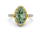 Yellow gold Fancy Green Marquise Cut Diamond Scalloped Halo Engagement Ring with Round Shared Prong Band_12