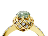 Yellow gold Fancy Green Marquise Cut Diamond Scalloped Halo Engagement Ring with Round Shared Prong Band_16