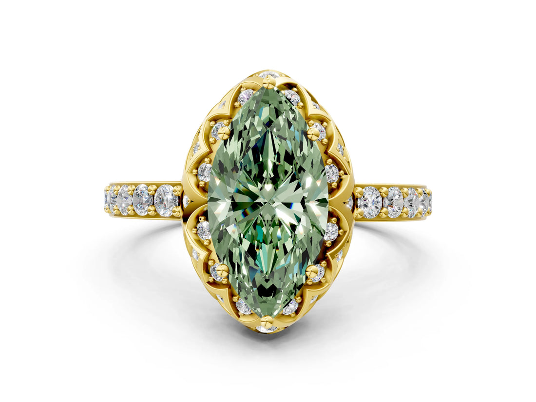 Yellow gold Fancy Green Marquise Cut Diamond Scalloped Halo Engagement Ring with Round Shared Prong Band_24