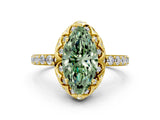 Yellow gold Fancy Green Marquise Cut Diamond Scalloped Halo Engagement Ring with Round Shared Prong Band_24