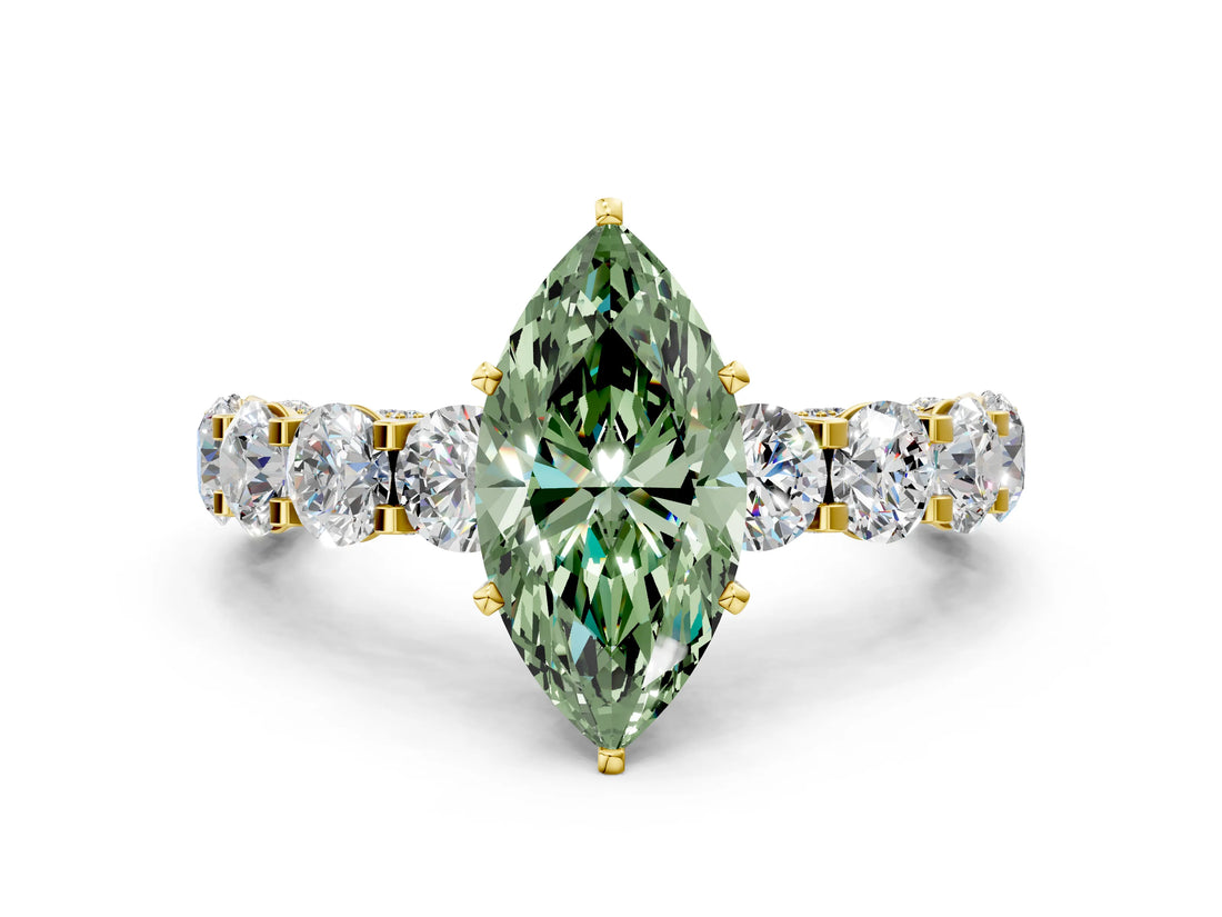 Yellow gold Fancy Green Marquise Cut Diamond Side Stone Engagement Ring with Four-Prong Setting_24