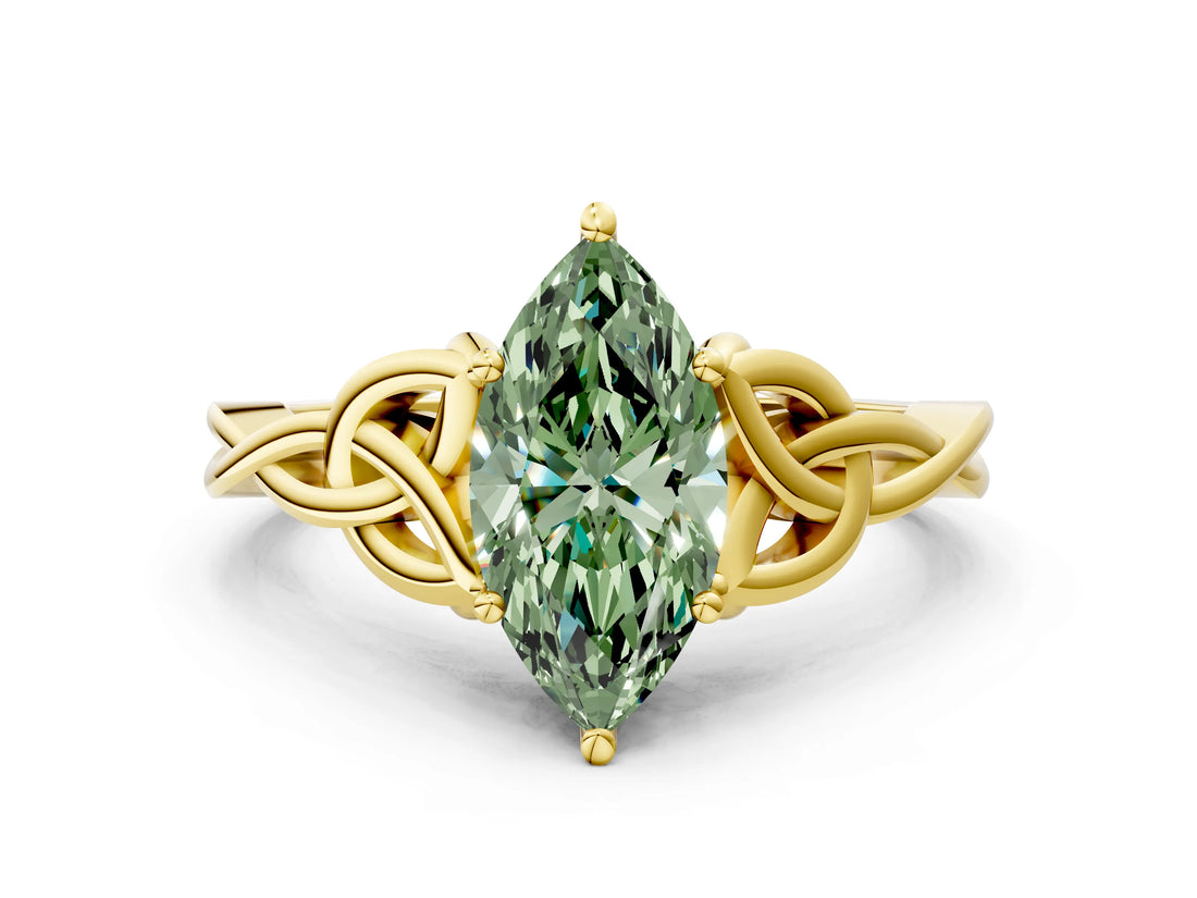 Yellow gold Fancy Green Marquise Cut Diamond Solitaire Celtic Knot Ring with Four-Prong Setting_72
