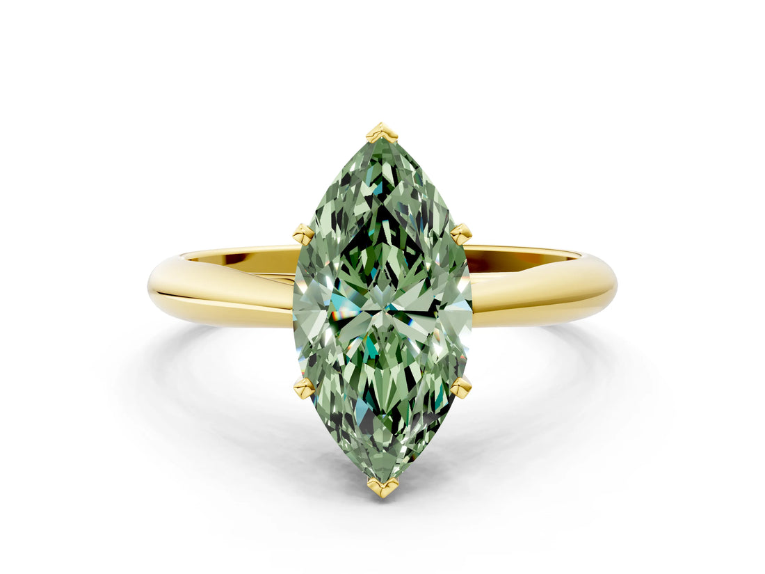 Yellow gold Fancy Green Marquise Cut Diamond Solitaire Engagement Ring with Cathedral Setting and Four-Prong Mount_109