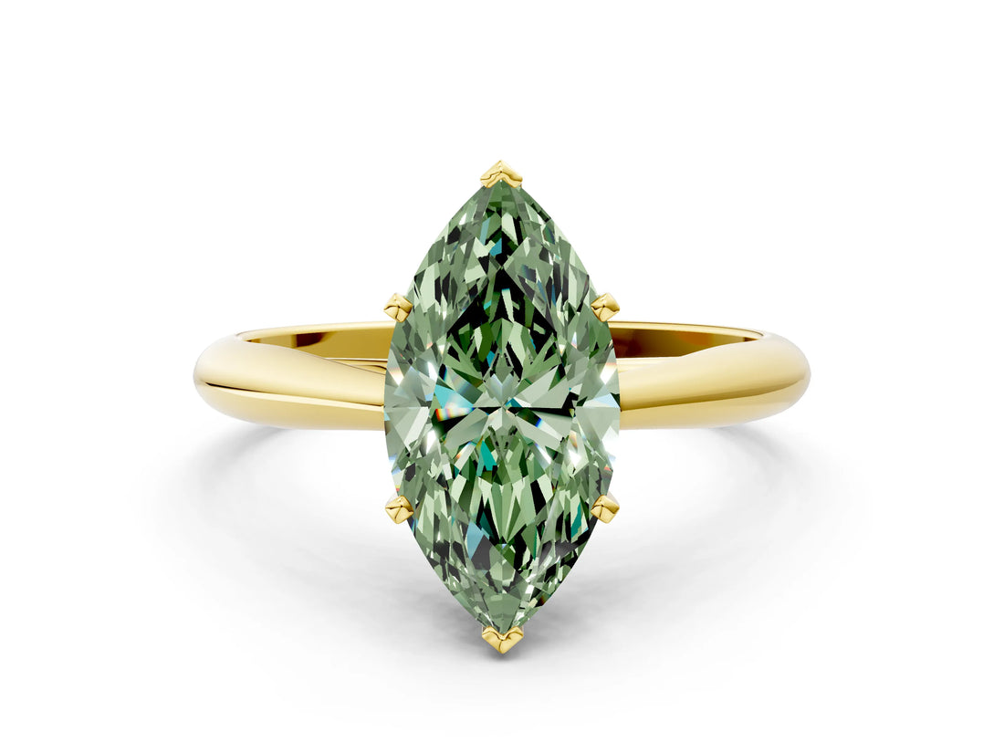 Yellow gold Fancy Green Marquise Cut Diamond Solitaire Engagement Ring with Cathedral Setting and Four-Prong Mount_43