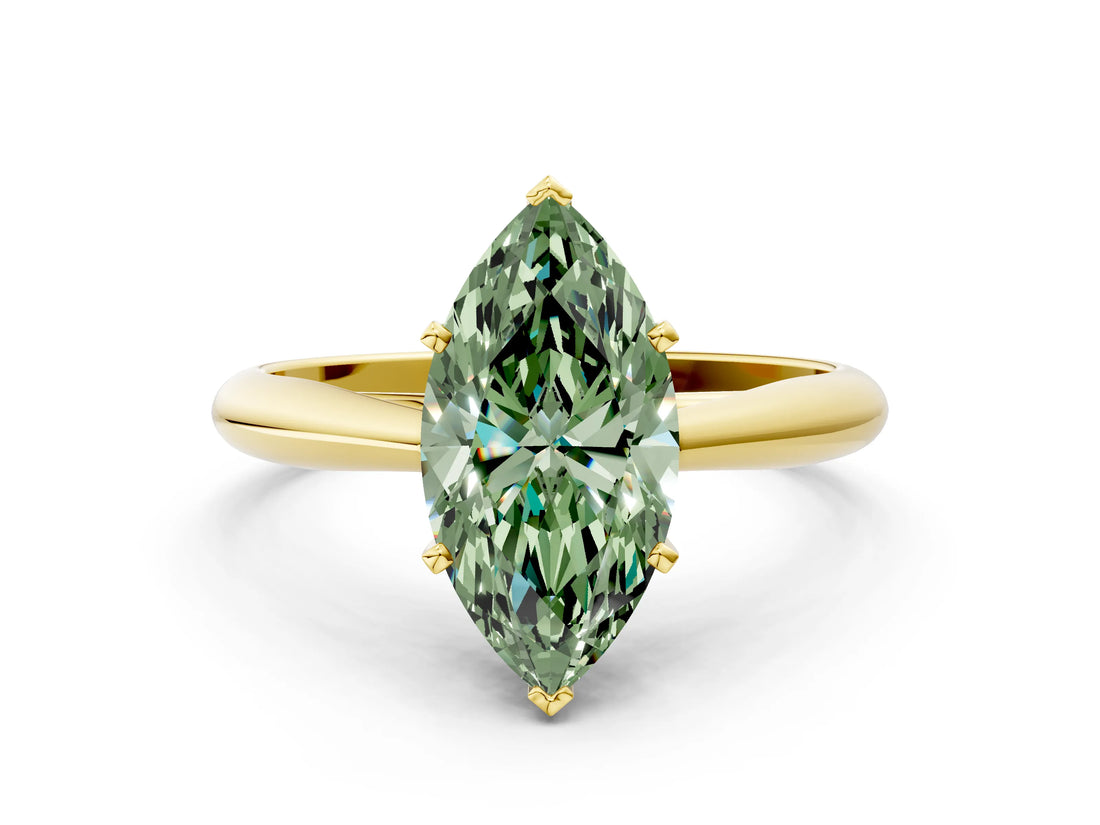 Yellow gold Fancy Green Marquise Cut Diamond Solitaire Engagement Ring with Cathedral Setting and Four-Prong Mount_91