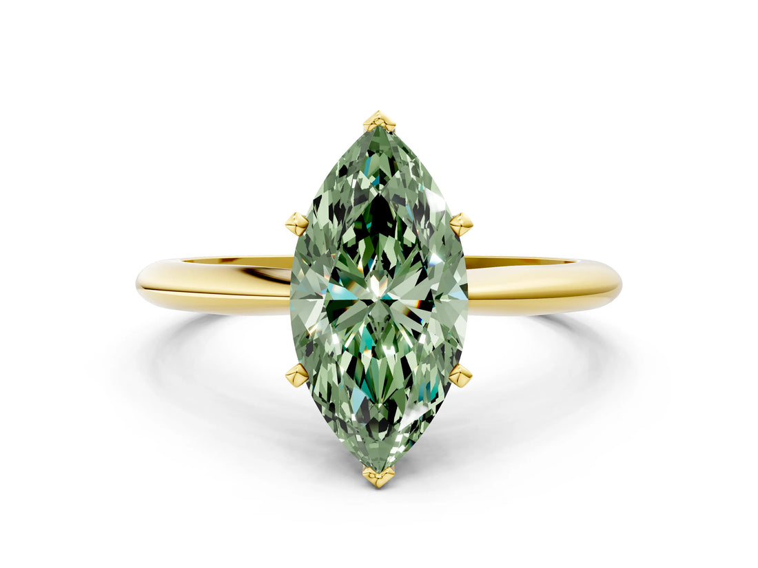 Yellow gold Fancy Green Marquise Cut Diamond Solitaire Engagement Ring with Classic Band and Four-Prong Setting_87