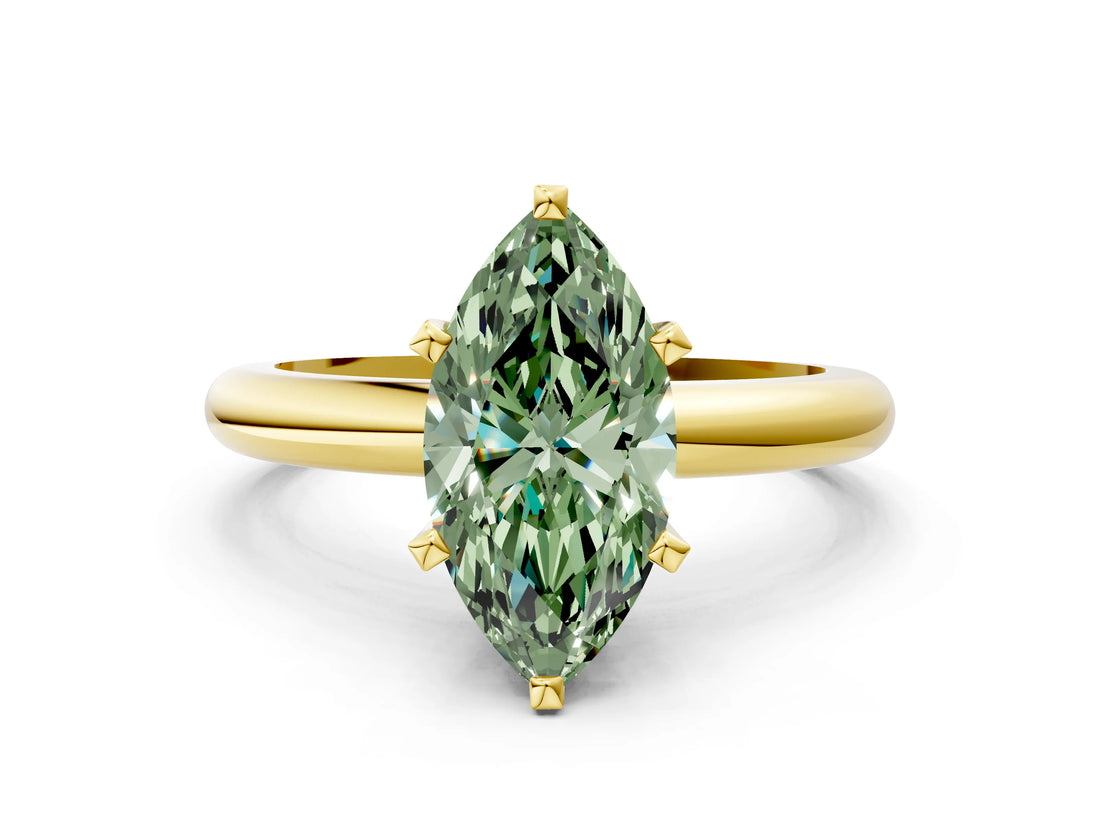 Yellow gold Fancy Green Marquise Cut Diamond Solitaire Engagement Ring with Round Band and Four-Prong Setting_195