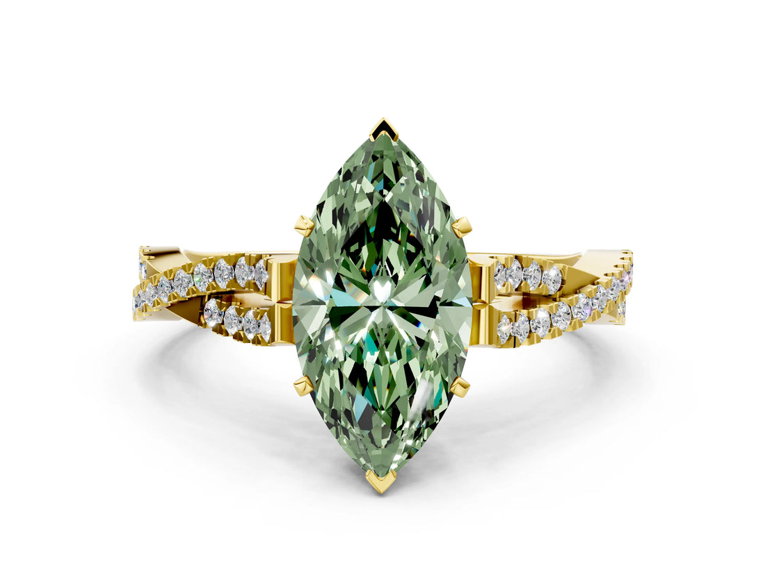 Yellow gold Fancy Green Marquise Cut Diamond Solitaire Engagement Ring with Twisted Pavé Band and Four-Prong Setting_39