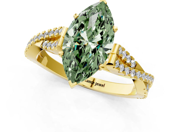 Yellow gold Fancy Green Marquise Cut Diamond Solitaire Engagement Ring with Twisted Pavé Band and Four-Prong Setting