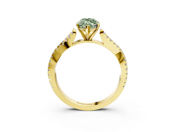 Yellow gold Fancy Green Marquise Cut Diamond Solitaire Engagement Ring with Twisted Pavé Band and Four-Prong Setting