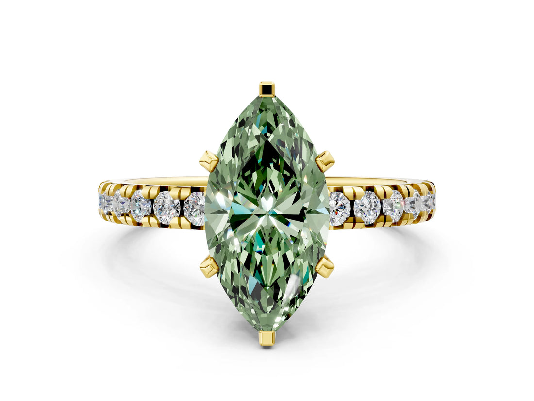 Yellow gold Fancy Green Marquise Cut Diamond Solitaire Pavé Engagement Ring with Round Band and Prong Setting_80