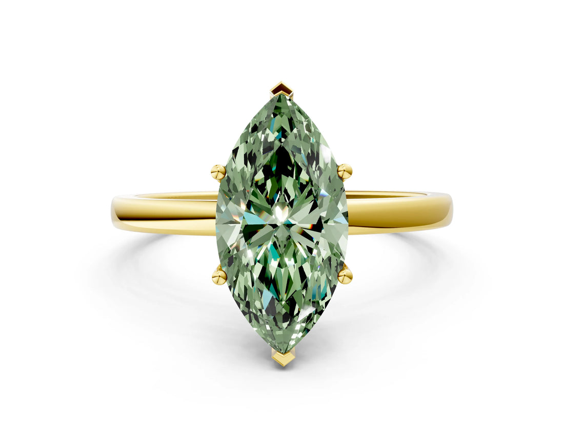 Yellow gold Fancy Green Marquise Cut Diamond Solitaire Ring with Classic Band and Four-Prong Setting