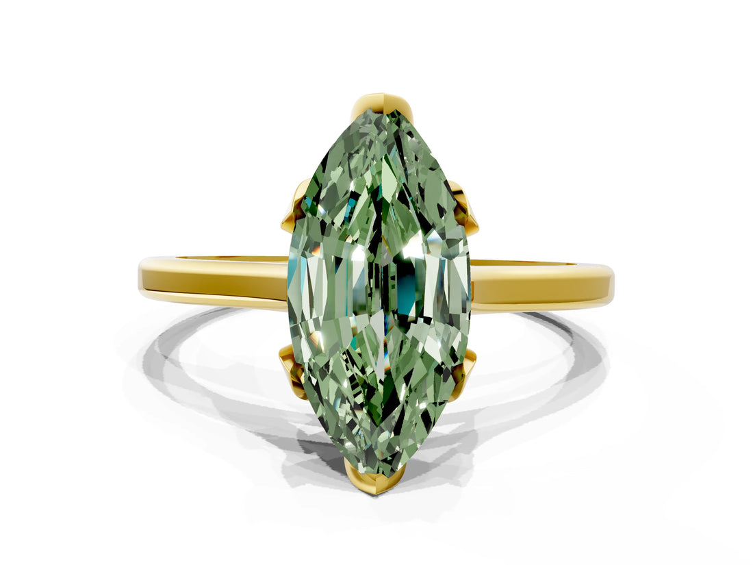 Yellow gold Fancy Green Marquise Cut Diamond Solitaire Ring with Flower Prong Setting and Classic Band_36