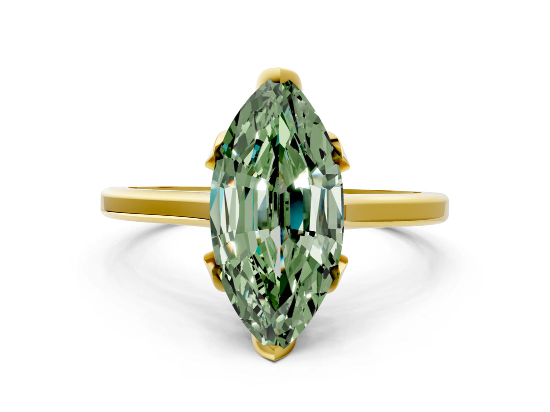 Yellow gold Fancy Green Marquise Cut Diamond Solitaire Ring with Flower Prong Setting and Classic Band_92