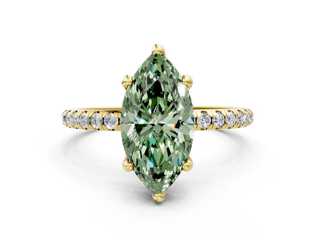 Yellow gold Fancy Green Marquise Cut Diamond Solitaire Ring with Four-Prong Setting and Pavé Band_3