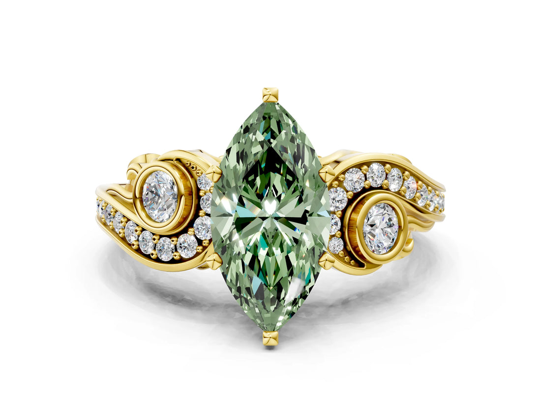 Yellow gold Fancy Green Marquise Cut Diamond Solitaire Ring with Milgrain Pavé Band and Four-Prong Setting_173
