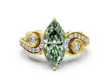 Yellow gold Fancy Green Marquise Cut Diamond Solitaire Ring with Milgrain Pavé Band and Four-Prong Setting_173