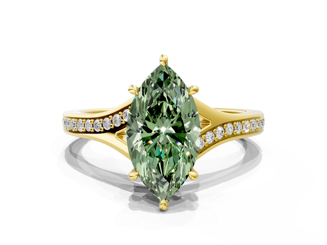 Yellow gold Fancy Green Marquise Cut Diamond Solitaire Ring with Pavé Band and Prong Setting_12
