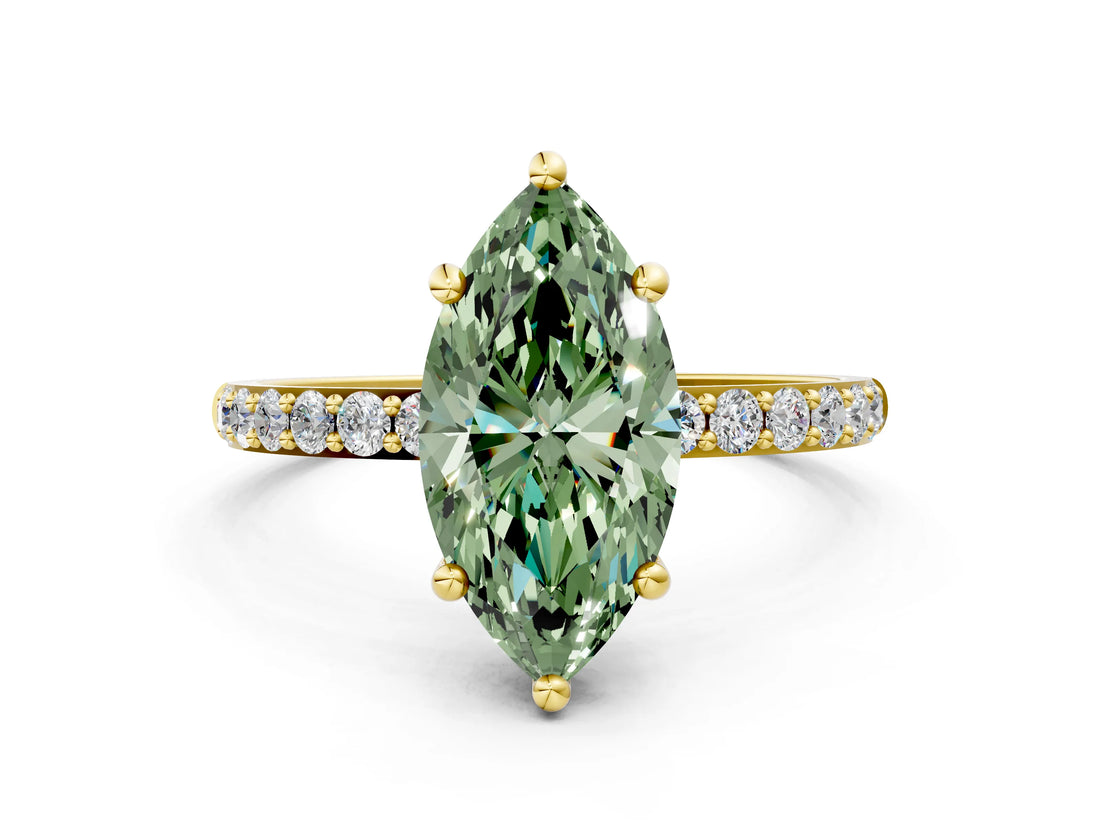 Yellow gold Fancy Green Marquise Cut Diamond Solitaire Ring with Pave Band and Four Prong Setting_87